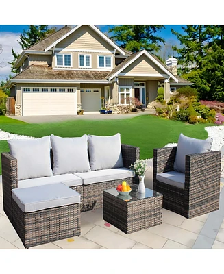 4-Pc Outdoor Rattan Sofa Set, Cushioned couch & coffee table (Gray)