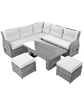 Patio Rattan Furniture Set, Adjustable Table, Recliners, Ottomans, Beige