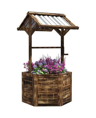 Outsunny Wooden Wishing Well Planter with Galvanized Canopy, Light