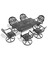 7-pc Cast Aluminum Dining Set, 6 Swivel Chairs, Rectangular Table