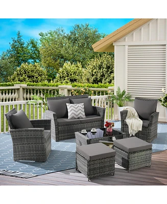 6 Piece Wicker Patio Furniture Sets with Ottoman & Tempered Glass Coffee Table