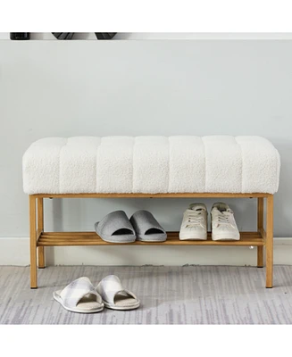Embroidered Fabric Upholstered Shoe Bench with Shelf and Metal Legs