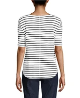 Lands' End Women's Supima Micro Modal Elbow Sleeve Balletneck Curved Hem Stripe Top