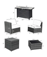 Gymax 9 Pcs Patio Rattan Furniture Set Fire Pit Table Storage Grey W/ Cover