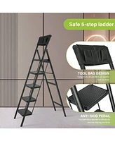 5 Step Ladder Steel Folding Step Stool Ladder with Tool Bag,330 lbs. Load Capacity