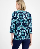 Jm Collection Women's Printed Split-Lace-Up-Neck Blouse, Exclusively at Macy's