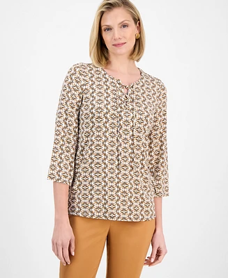 Jm Collection Women's Printed Split-Lace-Up-Neck Blouse, Exclusively at Macy's