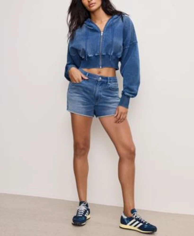 Good American Womens Jeanius Cotton Zip Up Hoodie Jeanius Cotton Good 90s Shorts