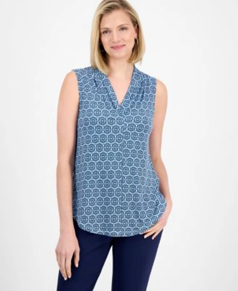 Jm Collection Womens Printed V Neck Sleeveless Knit Blouse Xs Pxl