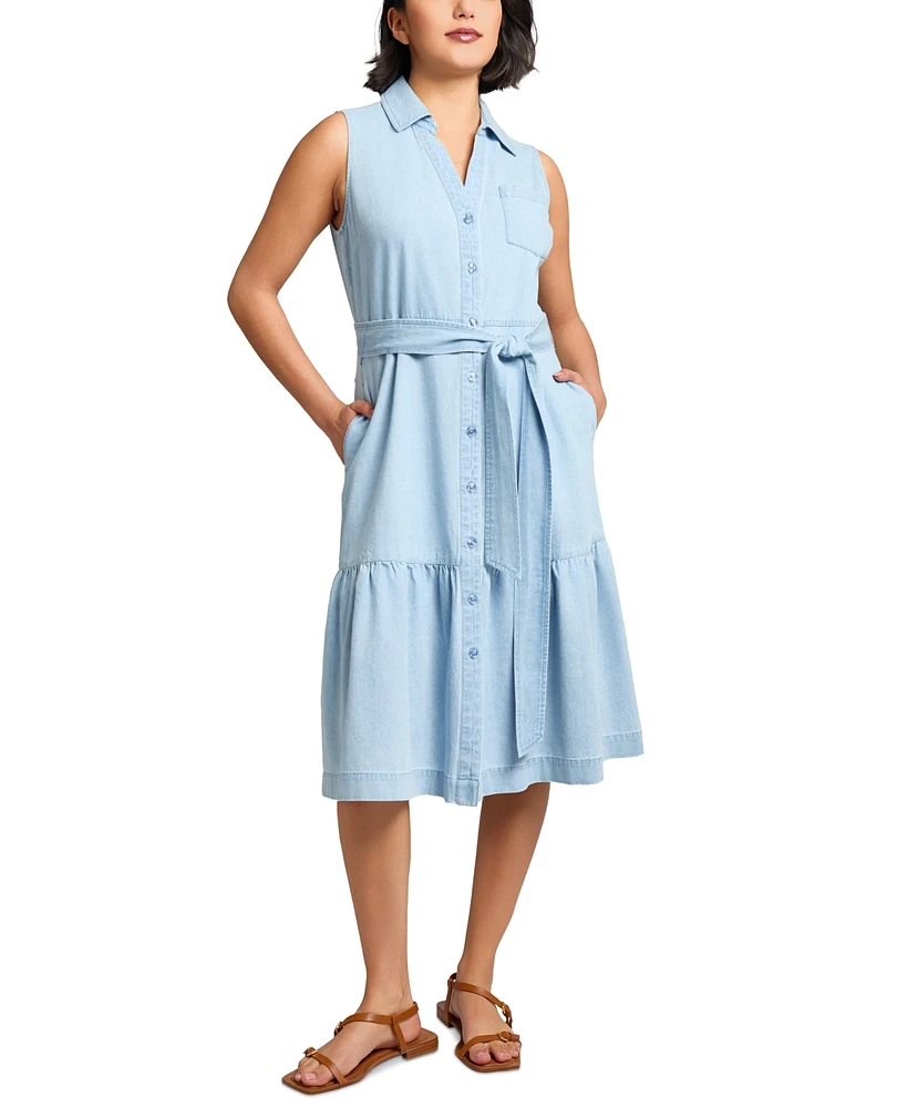 Jones New York Women's Cotton Tie-Waist Sleeveless Midi Shirtdress
