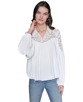 Karl Largerfeld Paris Women's Lace-Trimmed Tie-Neck Top