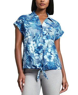 Jones New York Women's Printed Tie-Waist Cap-Sleeve Shirt
