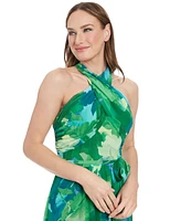 London Times Petite Floral-Print Tie-Waist Maxi Dress