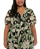 London Times Plus Floral-Print Smocked Maxi Dress