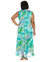 London Times Plus Printed Ruffled Wrap Dress