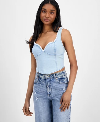 Topson Downs Juniors' Fray-Trimmed Cropped Denim Corset-Style Top