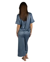 Tahari Women's 2 Piece Satin Short Sleeve Relaxed Notch Collar Top and Capri Pants Pajama Set
