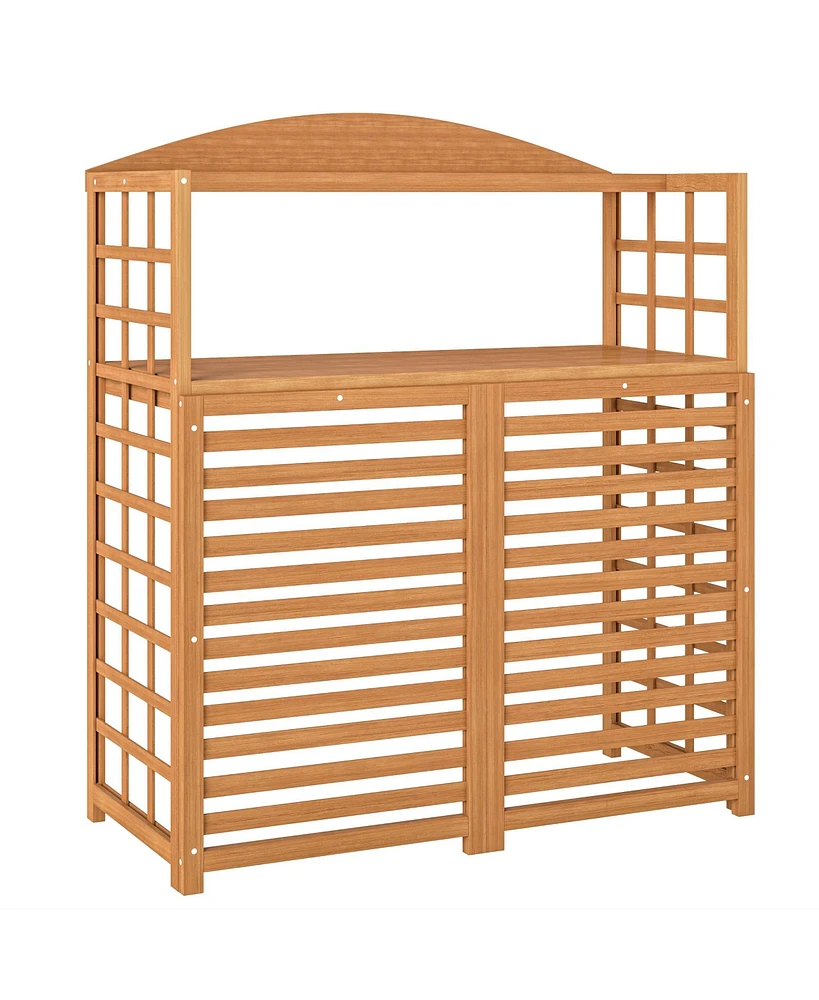 Outsunny Wood Air Conditioner Fence Privacy Screen Potting Table w/ Shelves