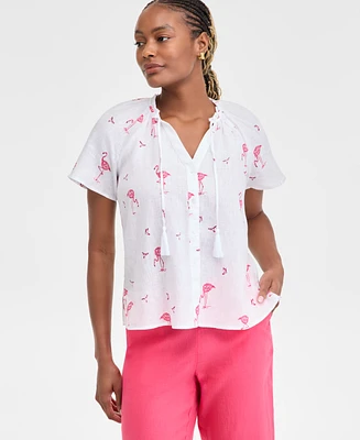 Charter Club Women's Linen Woven Flamingo Split-Neck Peasant Top, Exclusively at Macy's