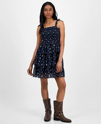 Celebrity Pink Juniors' Floral-Print Smocked Tiered Chiffon Mini Dress