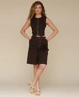 Avec Les Filles Womens Crewneck Cropped Top Long Cargo Shorts