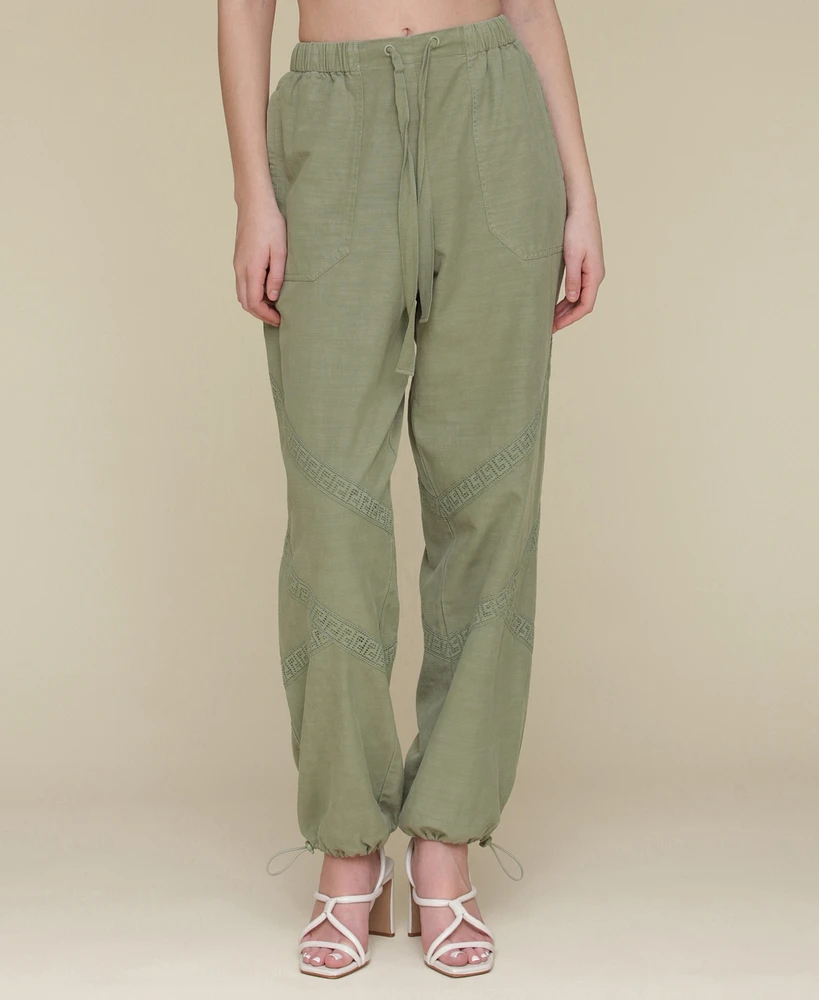 Avec Les Filles Women's Crochet-Trim Soft Utility Jogger Pants