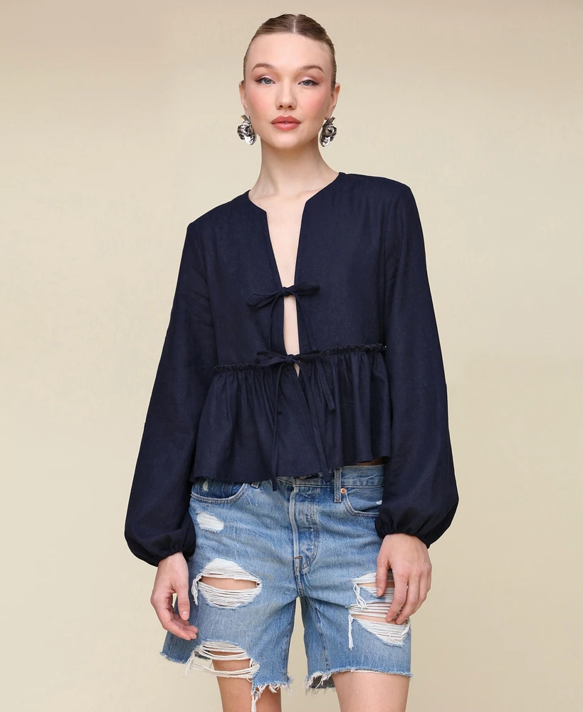 Avec Les Filles Women's Linen-Blend Tie-Front Blouse