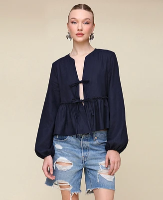 Avec Les Filles Women's Linen-Blend Tie-Front Blouse