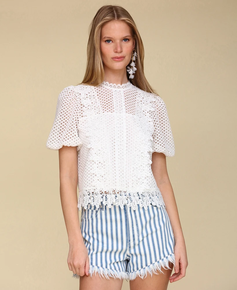 Avec Les Filles Women's Lace Puff-Sleeve Top