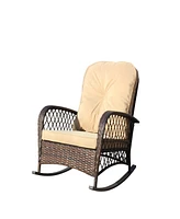 Outdoor wicker rocking chair, wide seat, thick cushion, steel frame, brown cushion