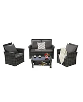 4-Piece Outdoor Patio Furniture Set, Rattan Chairs, Glass Table