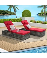 Outdoor chaise lounge set (2) with storage, adjustable backrests, table, cushions