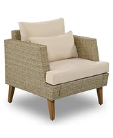 6-Pc Wicker Sofa Set, Outdoor rattan, double cushions, wood legs & table, brown