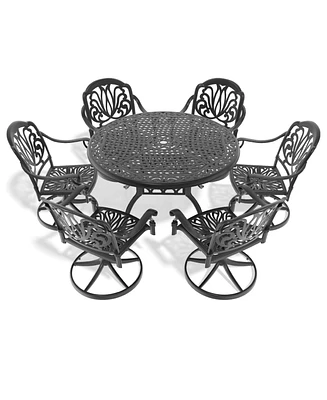 7-pc Cast Aluminum Dining Set, 6 Swivel Chairs, 48" Round Table