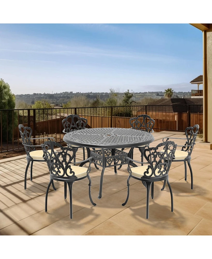 (Cushions In Random Colors)7-Piece Set Of Cast Aluminum Patio Furniture