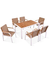 7pc Patio Dining Set, Wicker chairs, acacia tabletop, brown rattan