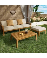 Acacia Wood 3-Seater Outdoor Sectional Sofa Set with Ottoman