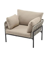 Set of 2 Beige Iron Lounge Chairs w/ Cushions, Indoor/Outdoor