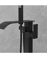 Single-Handle Freestanding Tub Faucet with Hand Shower Brass Waterfall Floor Mount Tub Filler in Matte Black
