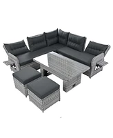 Patio Rattan Set, Adjustable Table, Recliners, Ottomans - Grey