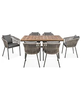 7pc Patio Dining Set, Acacia tabletop, metal frame, all-weather, for garden/balcony