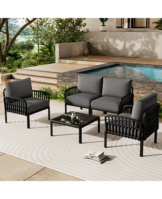 5-Piece Patio Set, Modern sectional with coffee table, waterproof cushions, black & gray