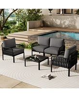 5-Piece Patio Set, Modern sectional with coffee table, waterproof cushions, black & gray