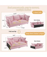 90.55" Modern Comfy Upholstered Sofa, Convertible Chaise Lounge with Pillows