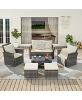 6 Piece Wicker Patio Furniture Sets with Ottoman & Tempered Glass Coffee Table