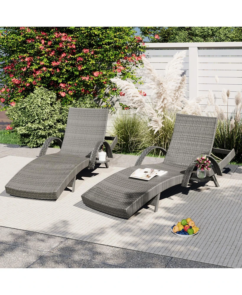 80" Wicker Chaise Lounge Set (2), Reclining, side table, adjustable, Grey