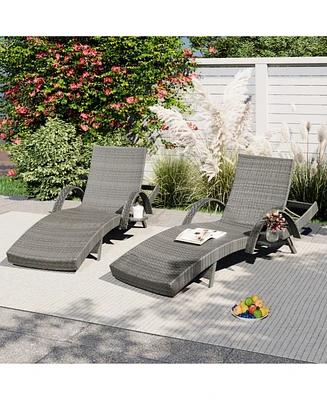 80" Wicker Chaise Lounge Set (2), Reclining, side table, adjustable, Grey