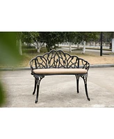 Tulip Patio Bench, Metal, Floral Rose, Black/White Cushion