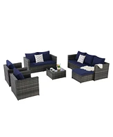 6-Piece Outdoor Wicker Patio Conversation Set w/ Cushions & Glass Table