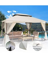 13x10 Ft Patio Double Roof Gazebo Replacement Canopy Top Fabric,Beige